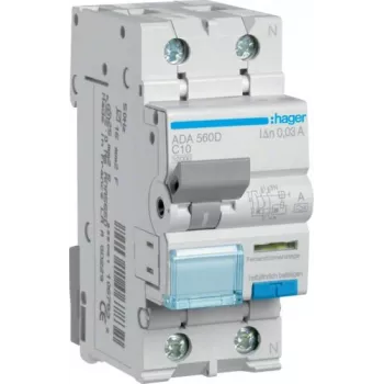 Disjuntor diferencial Hager ADA560D RCBO 1P+N 10A curva C 30mA tipo A 10kA 230V