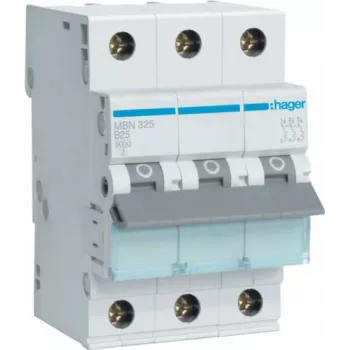 Hager MBN325 disjuntor tripolar 25 A curva B, 6 kA, 3 módulos