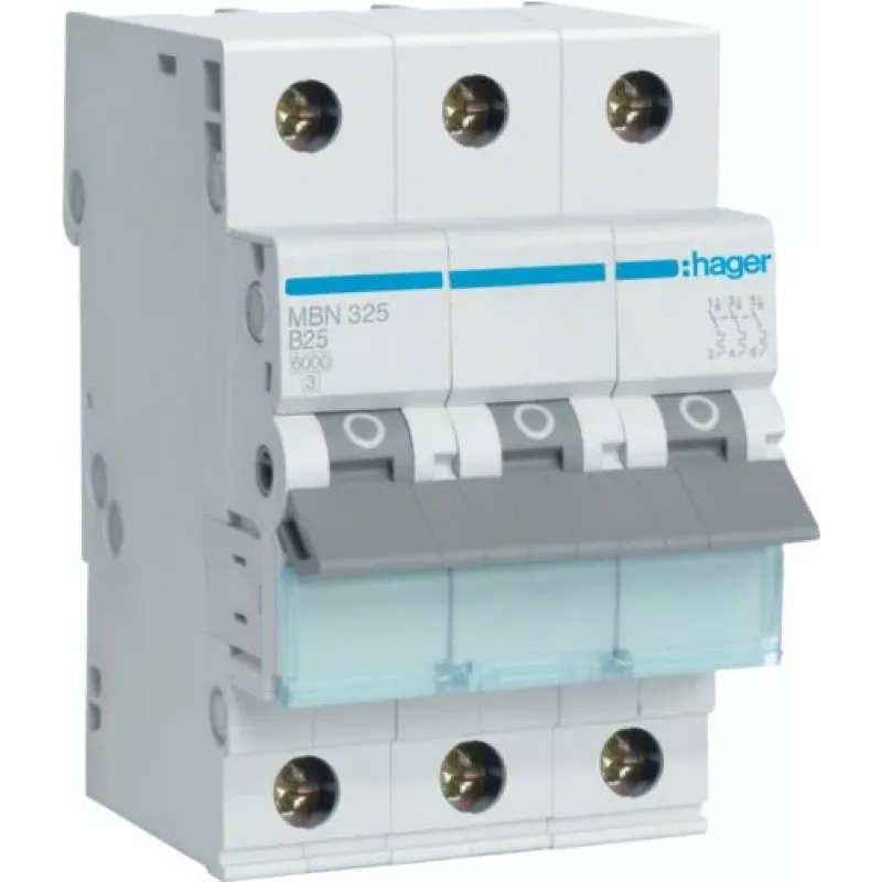 Hager MBN325 disjuntor tripolar 25 A curva B, 6 kA, 3 módulos