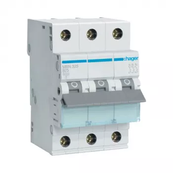 Hager MBN325 disjuntor tripolar 25 A curva B, 6 kA, 3 módulos