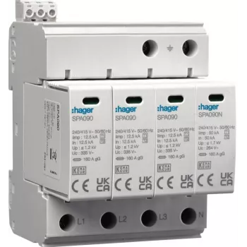 Dispositivo de proteção contra sobretensões HAGER SPA931 SPD T1+T2 B+C 4P 4M 12.5/50kA 1.5kV TN-S