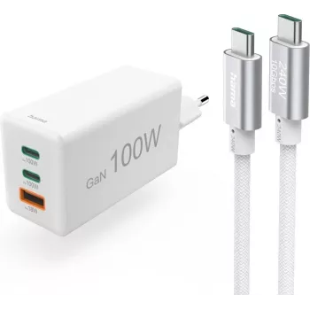 Carregador rápido USB-C Hama com cabo USB-C, 100W Power Delivery, 1,5m, branco 00200027