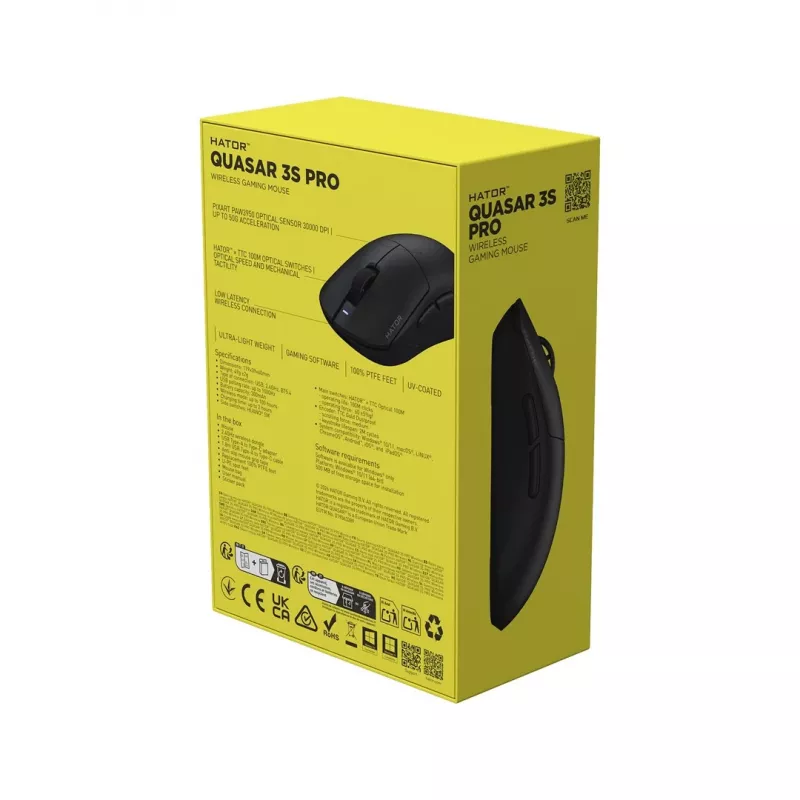 Rato gaming sem fios Hator Quasar 3S Pro, preto, 26000 DPI, ótico, 2,4 GHz, USB-C, destro, RGB