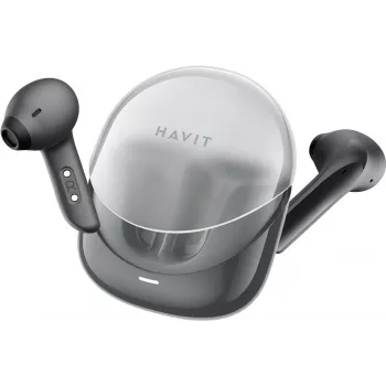 HAVIT Modern Buds auriculares True Wireless Stereo com Bluetooth 5.3, microfone ENC, resistência à água IPX4, controlo tátil, modo de jogo de baixa latência, estojo de carregamento USB-C, preto