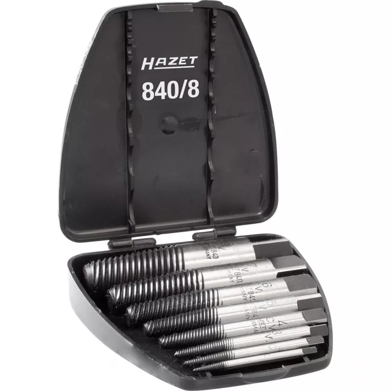 HAZET 840/8 Conjunto de extratores de parafusos M3 - M45, 8 peças, espiral esquerda, aço de ferramenta de alta qualidade, em mala de plástico