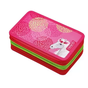 Estojo Herlitz Triple Bloomy Horse, conjunto de 31 peças, Poliéster, 3 compartimentos com fecho de correr, Multicolor 50038770