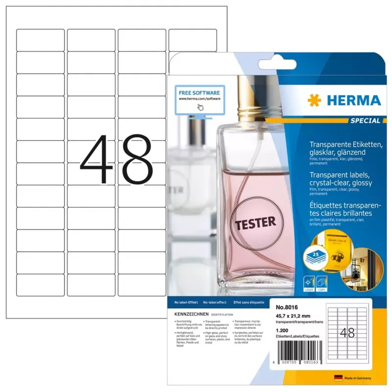 HERMA 8016 Etiquetas de poliéster cristalinas brilhantes A4 45,7 x 21,2 mm 1200 etiquetas