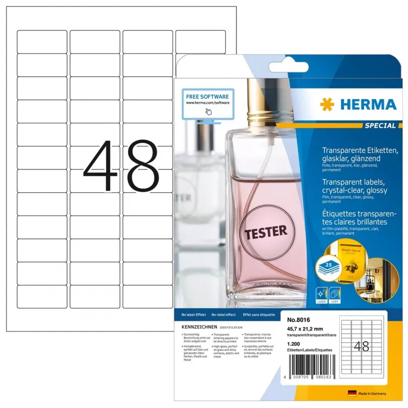 HERMA 8016 Etiquetas de poliéster cristalinas brilhantes A4 45,7 x 21,2 mm 1200 etiquetas