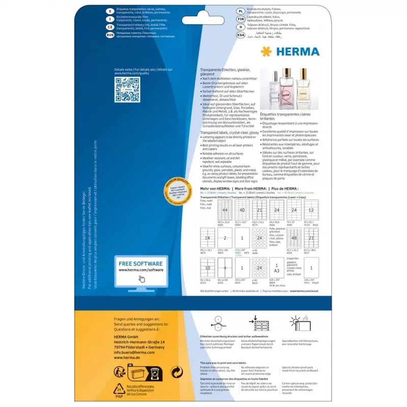 HERMA 8016 Etiquetas de poliéster cristalinas brilhantes A4 45,7 x 21,2 mm 1200 etiquetas