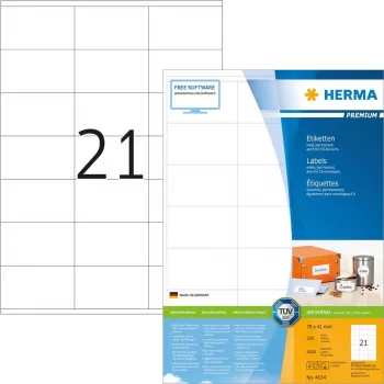 HERMA Premium 4634 etiquetas de papel autoadesivas permanentes mate laminadas, branco, 70 x 41 mm, 4200 etiquetas (200 folhas x 21)