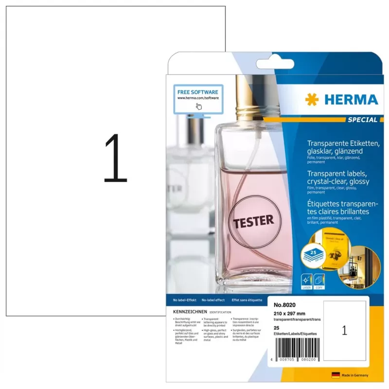 HERMA Especial Brilhante Transparente A4 Etiquetas autoadesivas de película de poliéster, 25 folhas