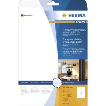 HERMA Especial Brilhante Transparente A4 Etiquetas autoadesivas de película de poliéster, 25 folhas