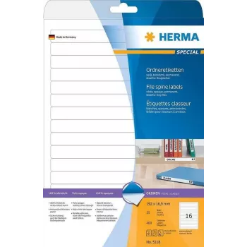 HERMA Special Permanent Etiquetas de arquivo autoadesivas mate opacas, papel, Branco, 192 x 16,9 mm, 400 etiquetas (25 folhas x 16) (5118)