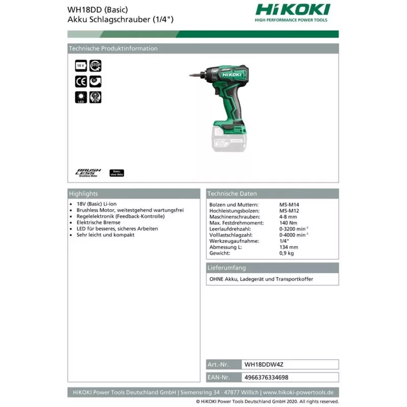 HIKOKI WH18DD 18V aparafusadora de impacto a bateria, 0-3200 rpm, 0-400 IPM