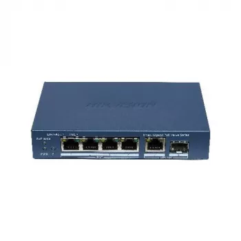 Switch não gerido Hikvision DS-3E1506P-EI/M-4P1T1F(O-STD) com 4 portas PoE+, 1 Gigabit RJ45 e 1 uplink SFP