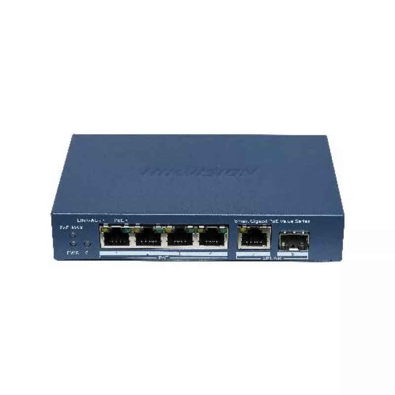 Switch não gerido Hikvision DS-3E1506P-EI/M-4P1T1F(O-STD) com 4 portas PoE+, 1 Gigabit RJ45 e 1 uplink SFP
