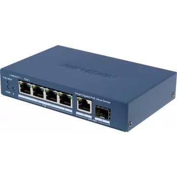 Switch não gerido Hikvision DS-3E1506P-EI/M-4P1T1F(O-STD) com 4 portas PoE+, 1 Gigabit RJ45 e 1 uplink SFP