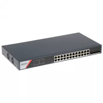 Hikvision DS-3E1528-SI-24T4F Switch PoE gerido Layer 2, 24 portas PoE, 4 uplinks SFP, orçamento PoE 370W