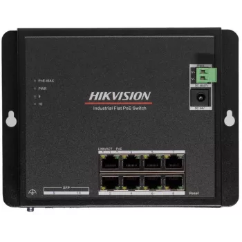Switch industrial Hikvision DS-3T1510P-SI-FLT(O-STD) 10 portas Smart Managed PoE+ com 8 portas Gigabit PoE+ e 2 SFP, orçamento 120W, calha DIN, sem fonte de alimentação
