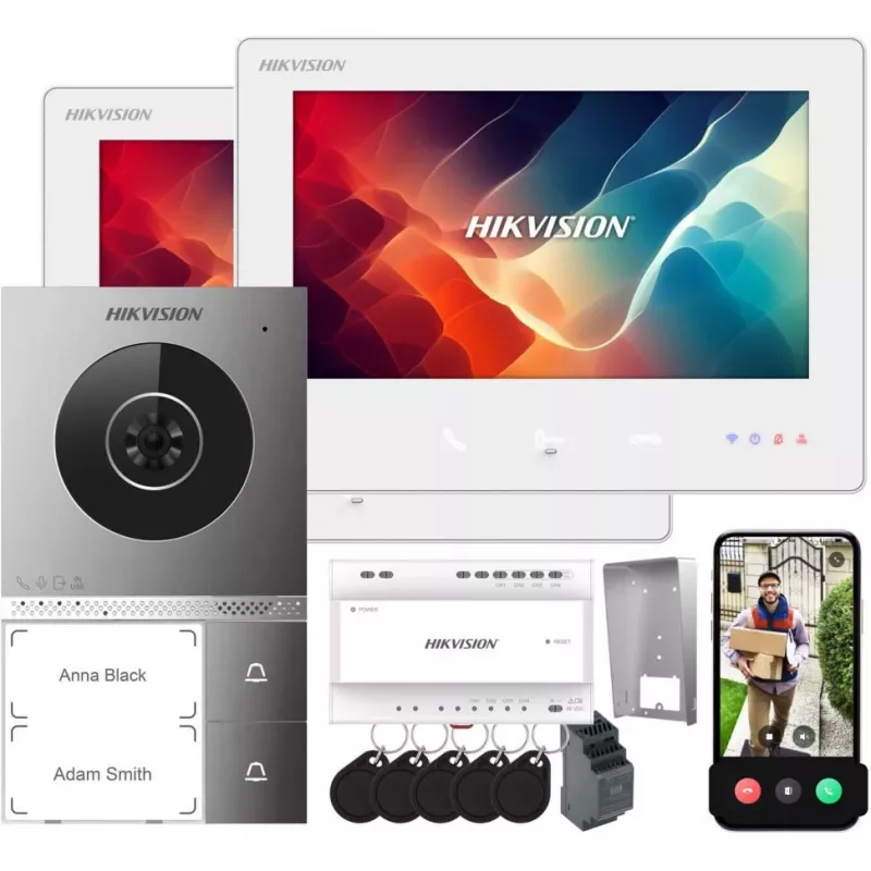 Hikvision DS-KIS705EY/2Monitors Kit de videoporteiro IP com 2 postos internos, posto de rua 2 MP, ecrã tátil de 7 polegadas, Wi-Fi, PoE