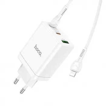 HOCO Carregador de parede 35W dual USB-C + USB-A PD & QC3.0 com cabo USB-C para Lightning, branco