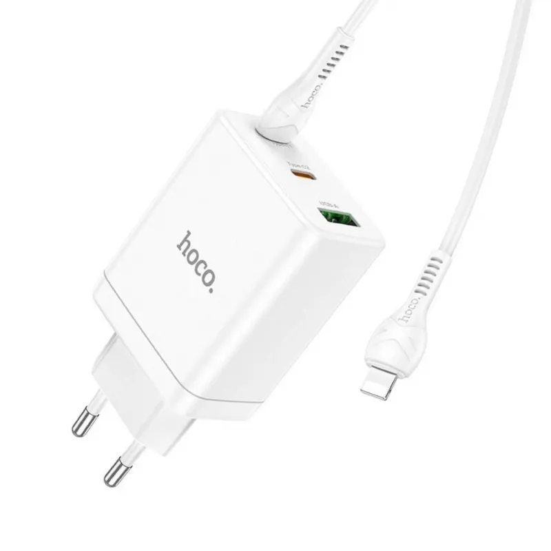 HOCO Carregador de parede 35W dual USB-C + USB-A PD & QC3.0 com cabo USB-C para Lightning, branco