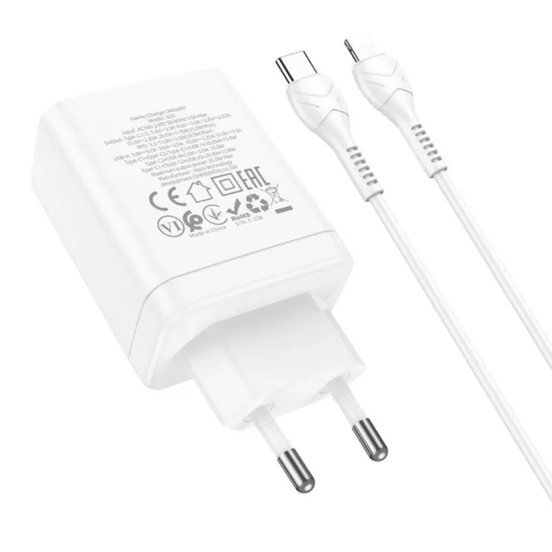 HOCO Carregador de parede 35W dual USB-C + USB-A PD & QC3.0 com cabo USB-C para Lightning, branco