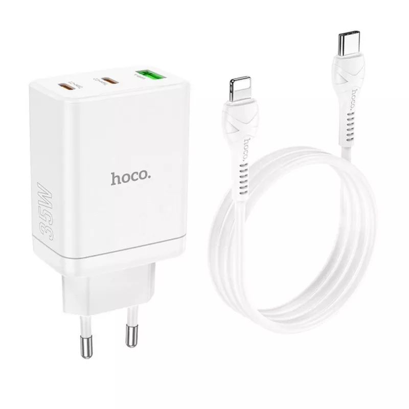 HOCO Carregador de parede 35W dual USB-C + USB-A PD & QC3.0 com cabo USB-C para Lightning, branco