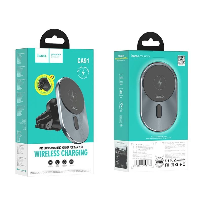 Hoco CA91 Magic suporte magnético para automóvel com carregamento sem fios rápido, 15W, cinzento