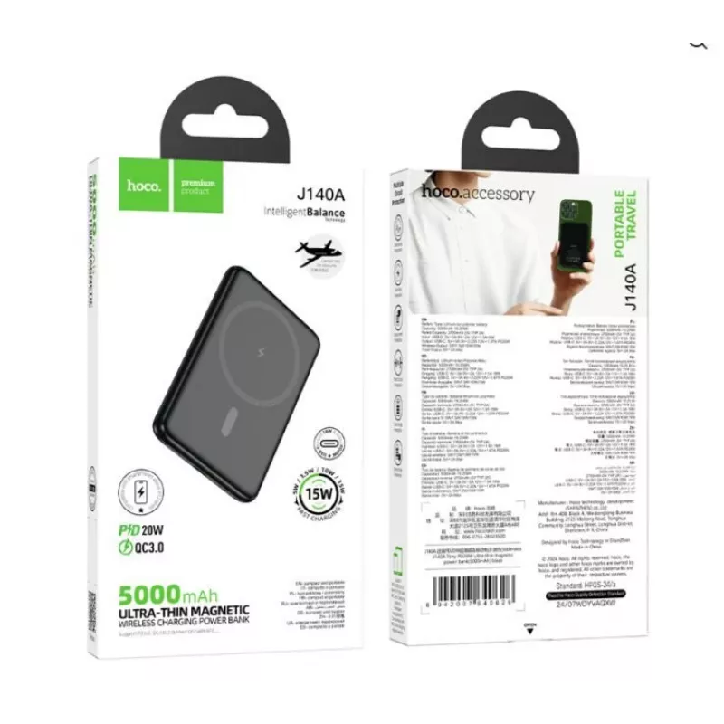 Hoco J140A Tony PD20W Power Bank Magnético Ultra Fino (5000mAh) Preto