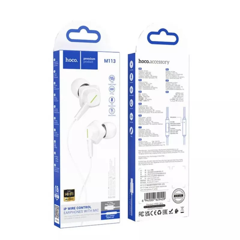 Auscultadores digitais universais Hoco M113 Clear com microfone para Apple Lightning, brancos