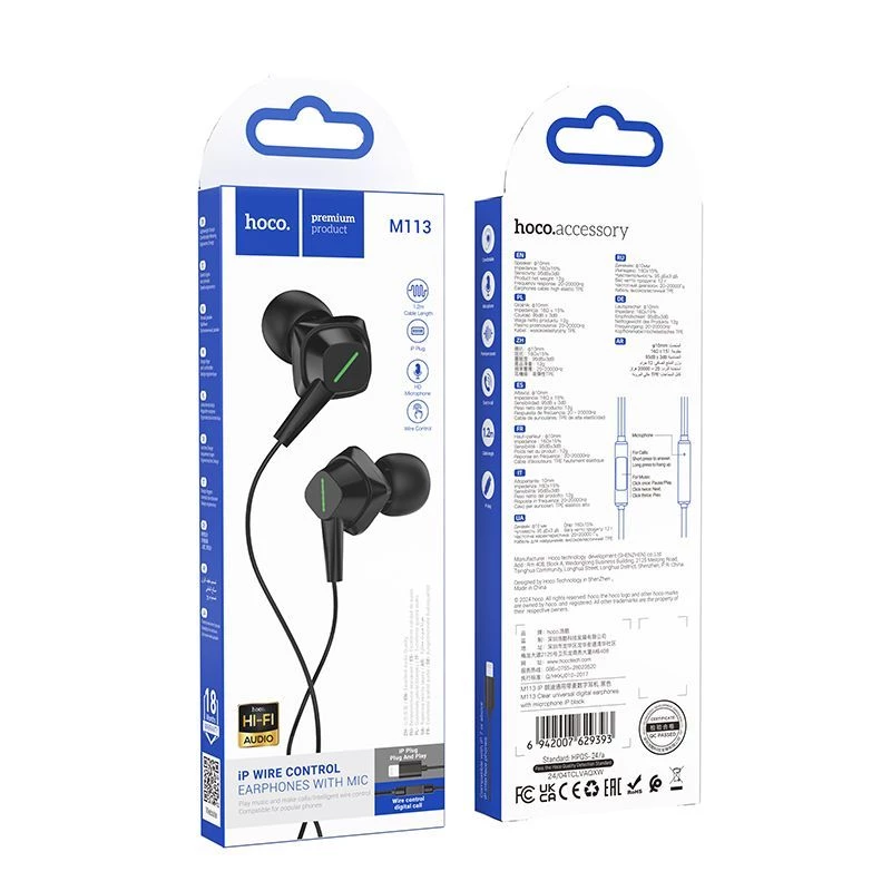 Hoco M113 Auscultadores digitais universais transparentes com microfone para iPhone/iPad (Lightning)