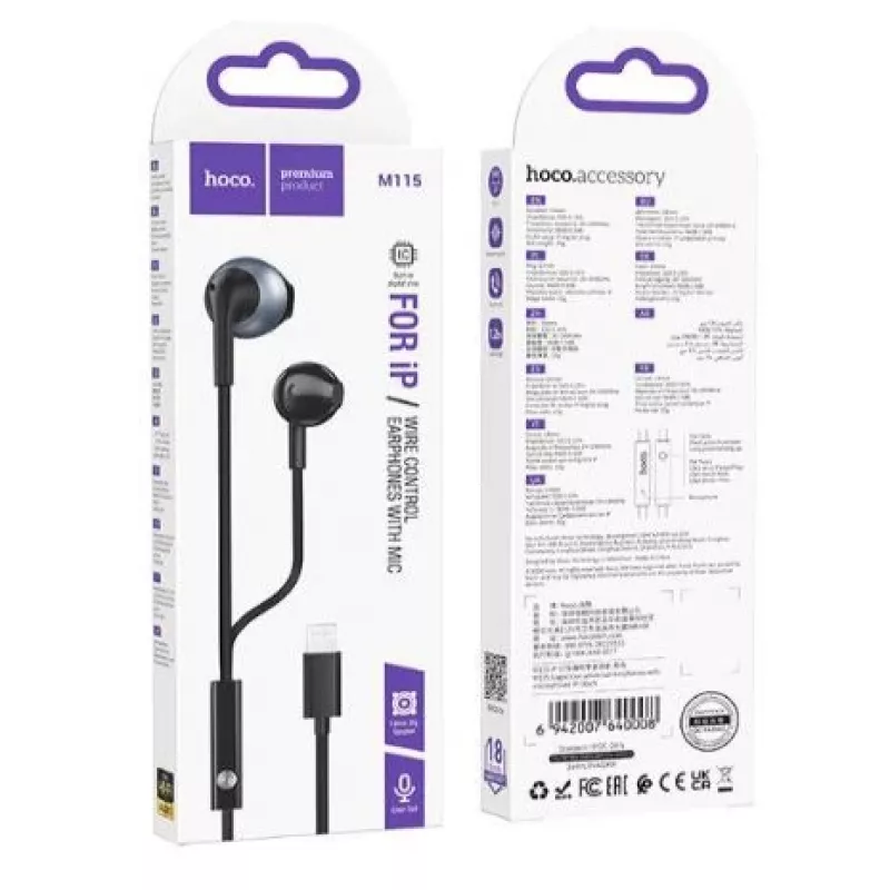 Auscultadores universais Hoco M115 Sagacious com microfone, preto