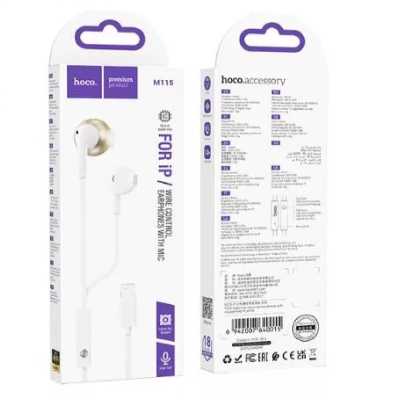 Auscultadores universais Hoco M115 Sagacious com microfone, intra-auriculares, com fios, jack 3,5mm, branco