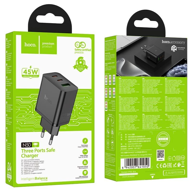 Hoco N50 Scenery PD45W (2C1A) carregador ficha EU preto