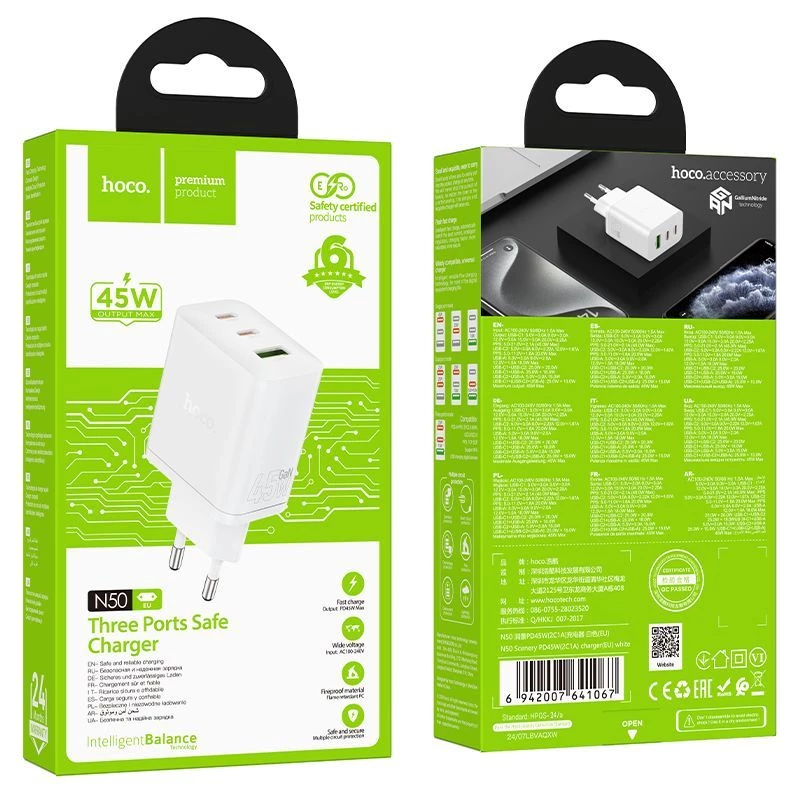 Hoco N50 Scenery PD45W (2C1A) carregador EU branco