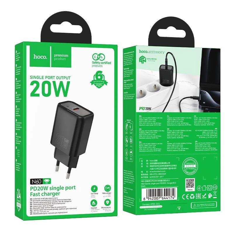 Carregador Hoco N60 Gentle de porta única PD20W (EU) preto