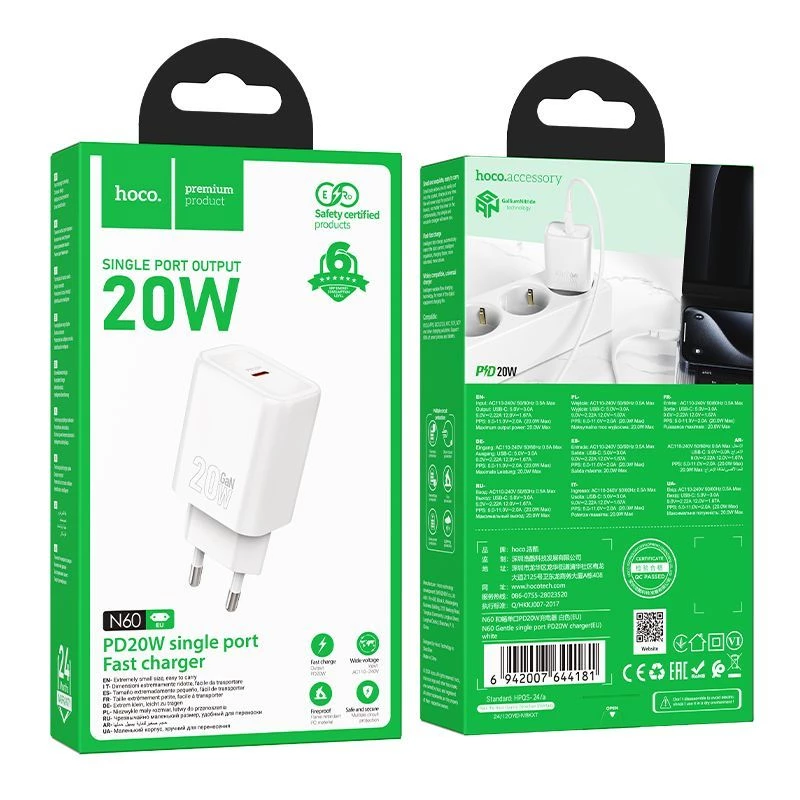 Carregador Hoco N60 Gentle porta única PD20W (UE) branco