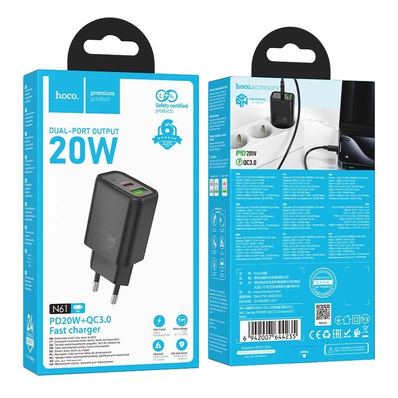 Hoco Carregador N61 Gentle PD20W+QC3.0 (UE) Preto