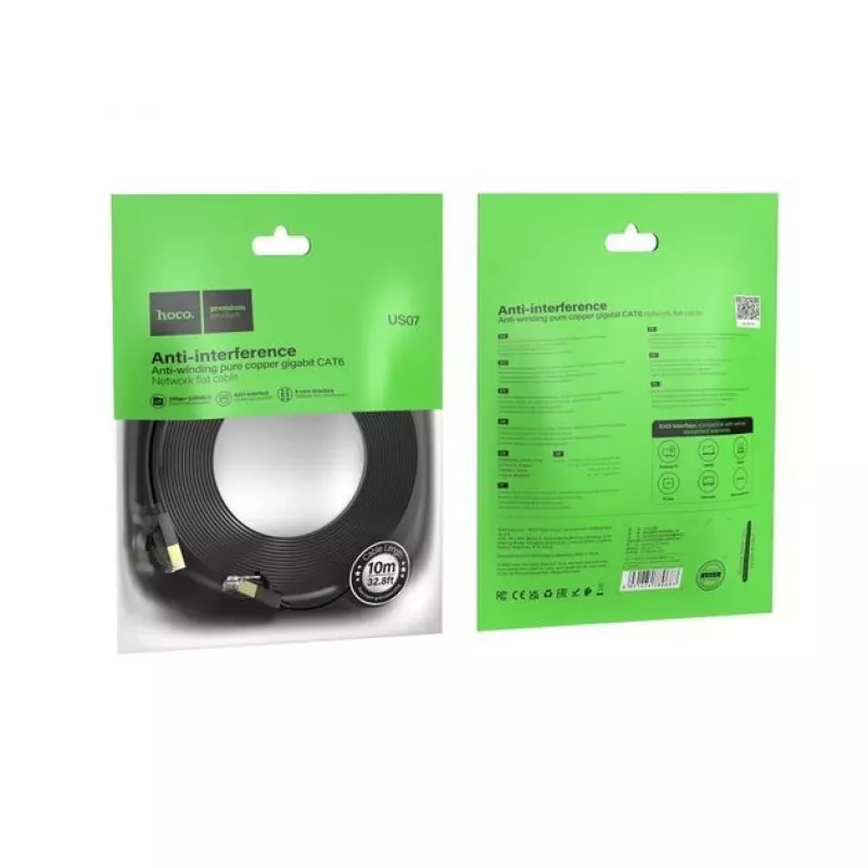 Hoco Cabo de rede plano em cobre puro US07 General (10m) preto