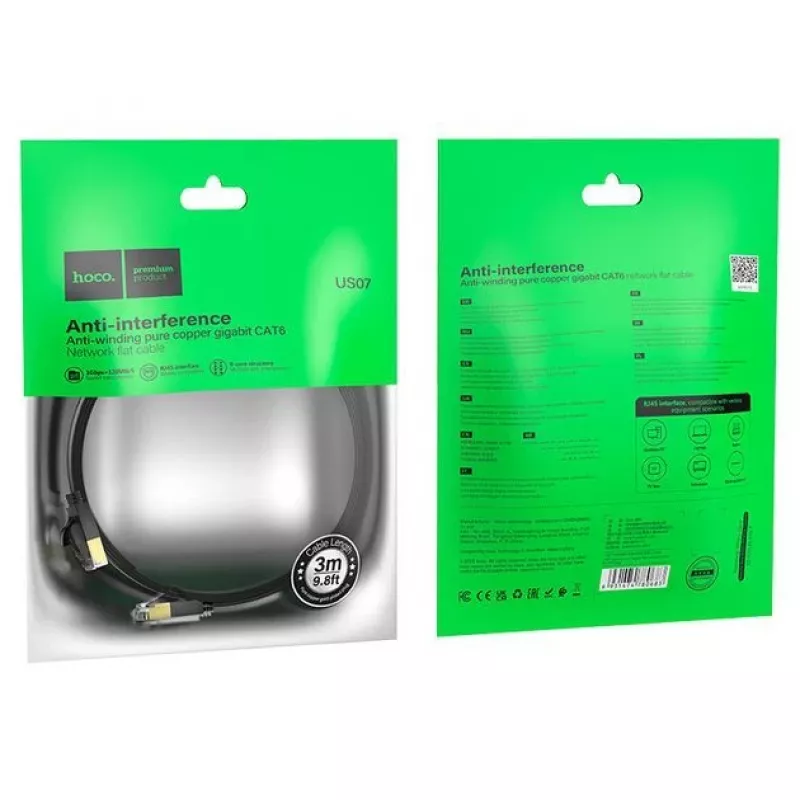 Hoco Cabo de rede plano US07 em cobre puro (3m) preto