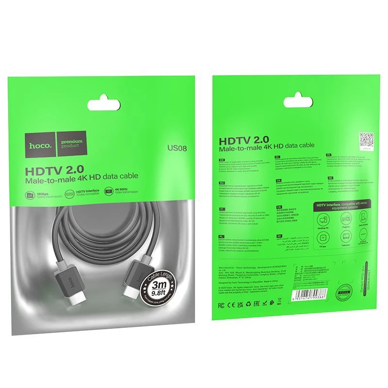 Hoco Cabo HDMI 2.0 US08 3m Preto 4K HDR com banho de ouro