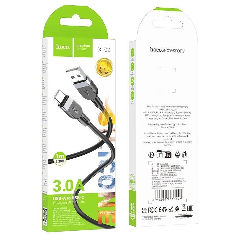 Cabo de carregamento e dados em silicone Hoco X109 Energy USB-A para USB-C 1 m preto