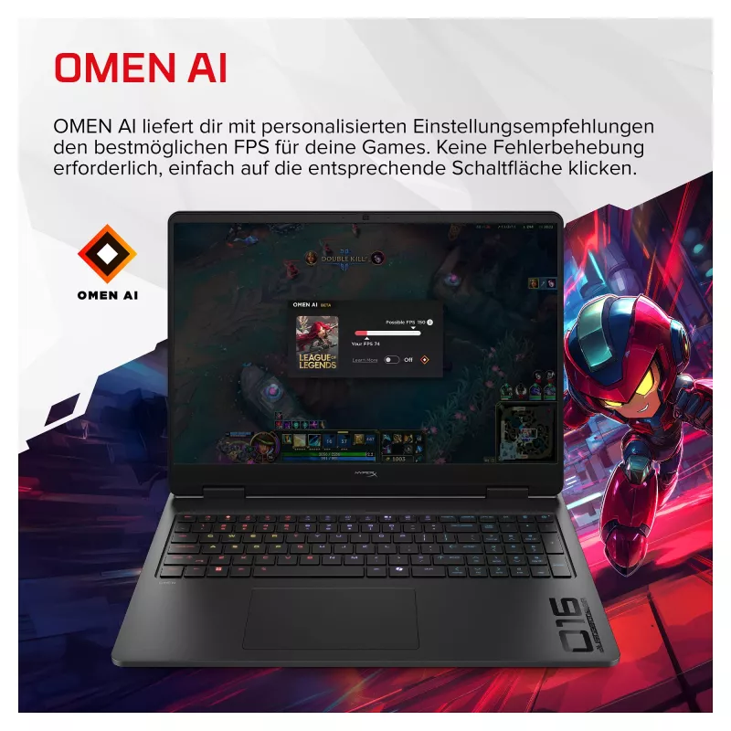 HP HyperX OMEN 16-ap1492ng portátil gaming, 16,1 inch QHD 165Hz, AMD Ryzen 9 8940HX, 24GB DDR5, 512GB SSD, RTX 5070 8GB, Windows 11 Home, teclado alemão