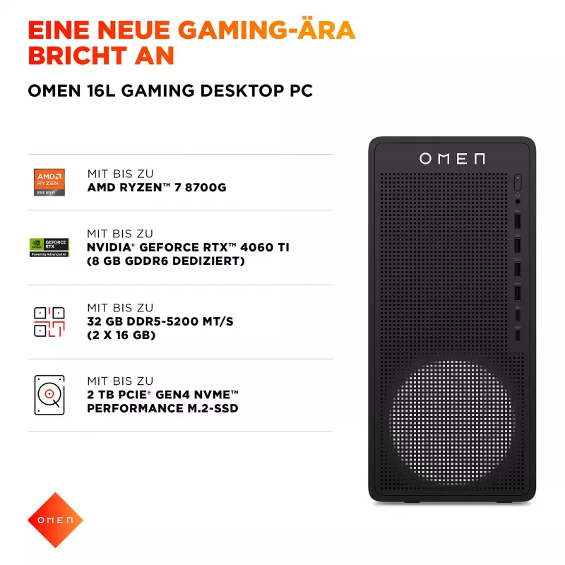 HP OMEN 16L TG03-0472ng desktop gaming, AMD Ryzen 7 8700F, 16GB DDR5, 512GB SSD, RTX 5050, Windows 11 Home