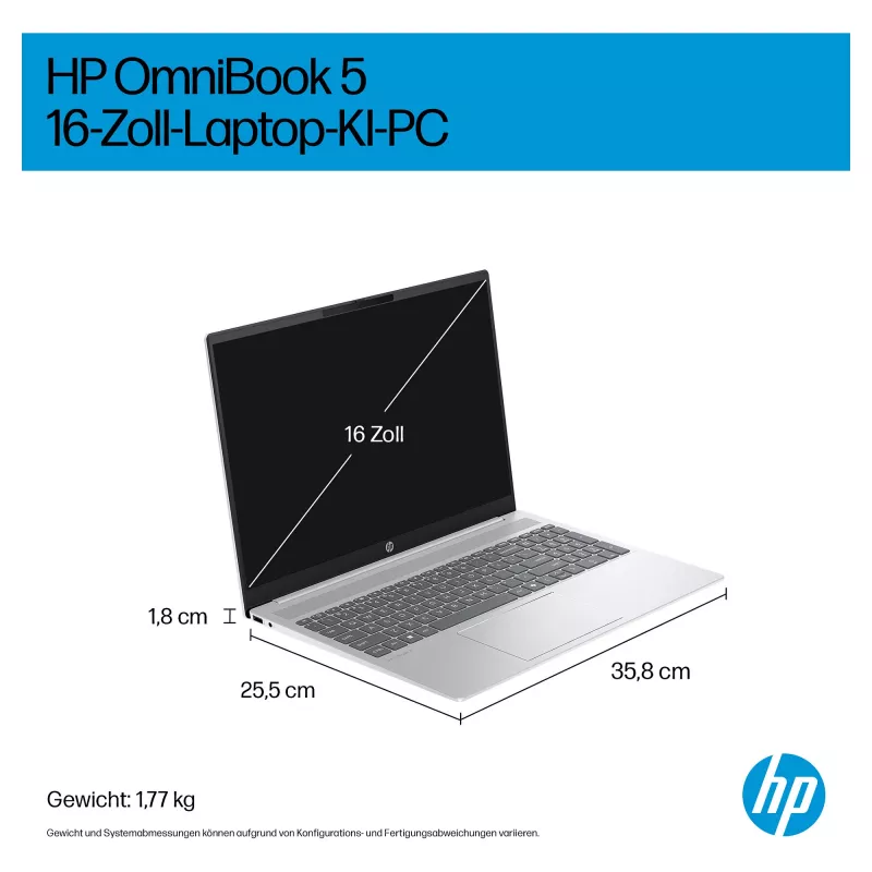 HP OmniBook 5 AI 16-af1450ngx portátil, 16 polegadas, Intel Core Ultra 5 225U, 16GB RAM, 512GB SSD, Windows 11 Home