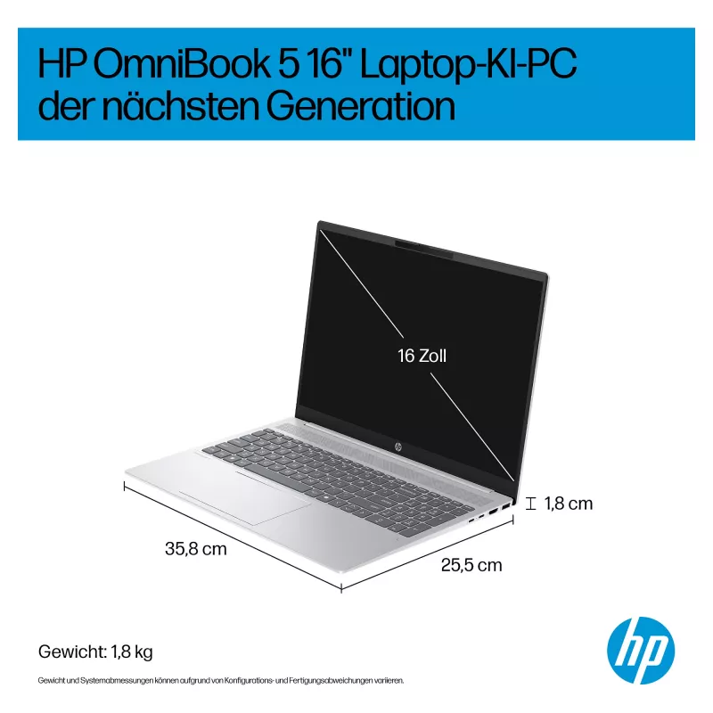 Portátil HP OmniBook 5 16-ag1451ngx AMD Ryzen AI 5 330 16GB 512GB SSD W11 Home 16 polegadas WUXGA (Natural Silver, QWERTZ alemão)