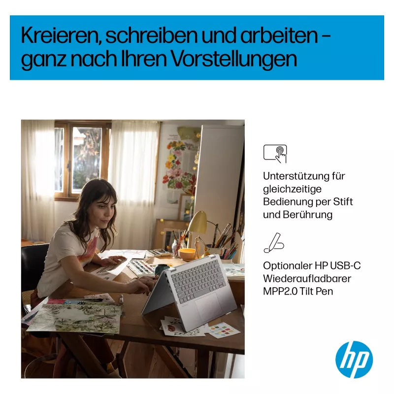 Portátil 2-em-1 HP OmniBook 5 Flip 14-fp0470ngx, 14 polegadas FHD Touch, Intel Core 7 150U, 16GB RAM, 512GB SSD, Windows 11 Home, Natural Silver, teclado alemão