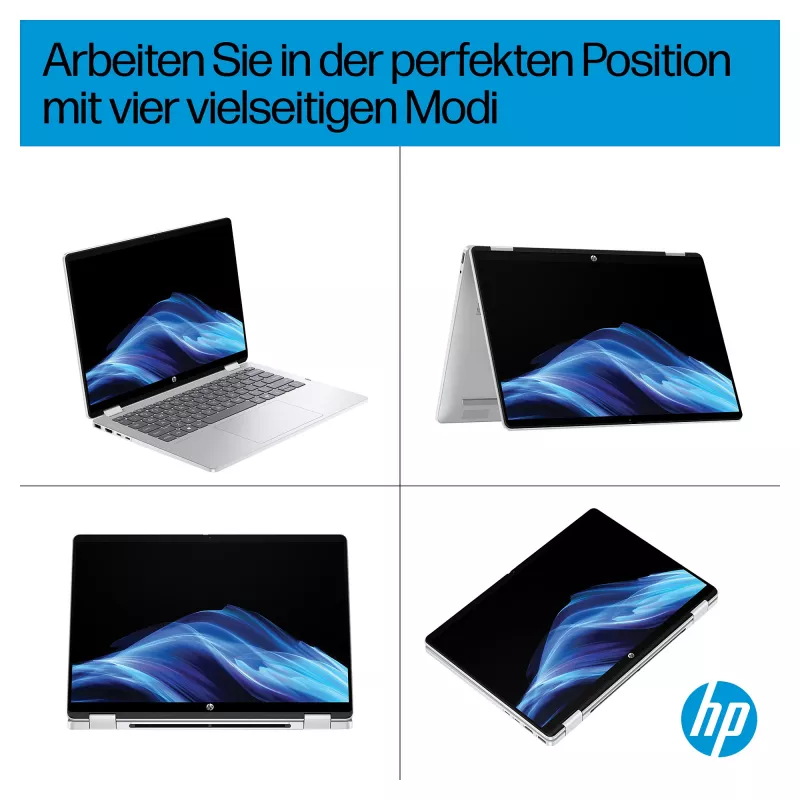 Portátil 2-em-1 HP OmniBook 5 Flip 14-fp0470ngx, 14 polegadas FHD Touch, Intel Core 7 150U, 16GB RAM, 512GB SSD, Windows 11 Home, Natural Silver, teclado alemão