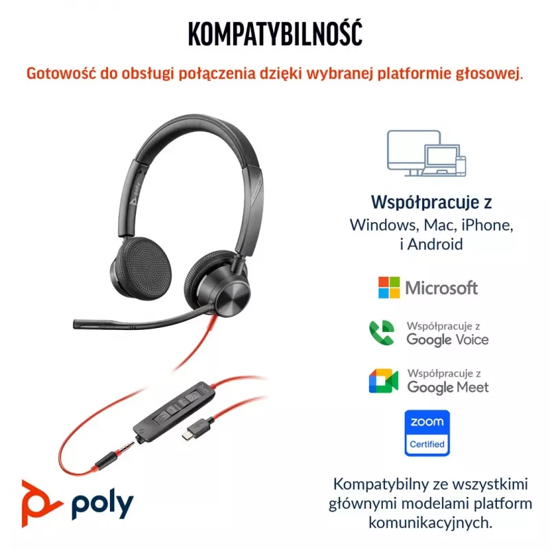 HP Poly Blackwire 3325 Auscultador estéreo com certificação Microsoft Teams USB-C + jack 3,5mm + adaptador USB-C/A